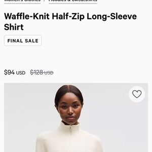 Lululemon Waffle-Knit Half-Zip Long-Sleeve Shirt — Cream size 6 like new